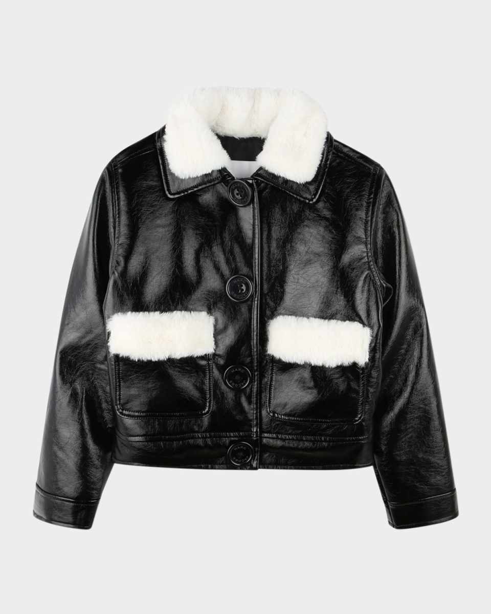 Girl's Faux Leather Bomber Jacket with Teddy Trim, Size 4-